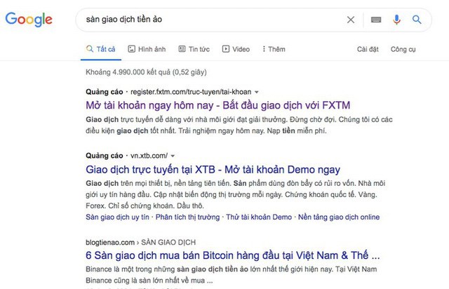 Chỉ cần t&igrave;m kiếm "s&agrave;n giao dịch tiền ảo", sẽ xuất hiện h&agrave;ng loạt s&agrave;n với lời mời gọi hấp dẫn.