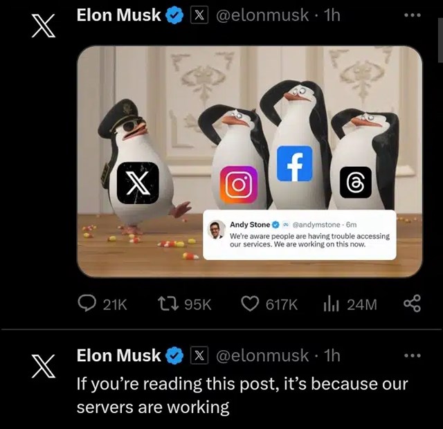 B&agrave;i đăng của tỷ ph&uacute; Elon Musk sau khi hệ sinh th&aacute;i mạng x&atilde; hội của Meta sập tr&ecirc;n to&agrave;n cầu trong 2 giờ ng&agrave;y 5/3. Ảnh: X &nbsp;