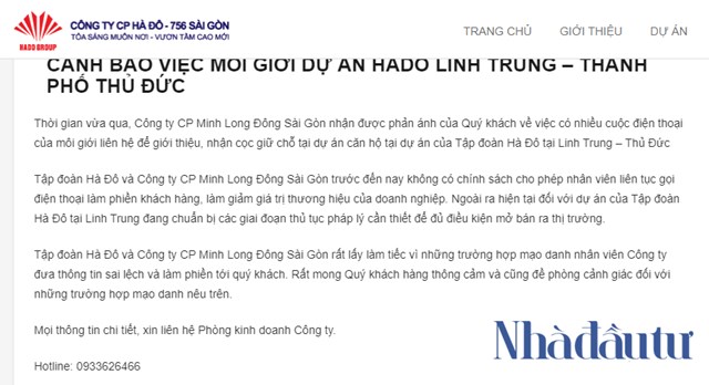 Th&ocirc;ng tin cảnh b&aacute;o việc m&ocirc;i giới dự &aacute;n Hado Linh Trung (TP. Thủ Đức) được đăng tải tr&ecirc;n trang web của Tập đo&agrave;n H&agrave; Đ&ocirc;.&nbsp;