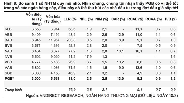 PGB được đ&aacute;nh gi&aacute; c&oacute; vị thế tốt trong nh&oacute;m c&aacute;c ng&acirc;n h&agrave;ng thương mại c&oacute; quy m&ocirc; nhỏ (Ảnh: VnDirect).