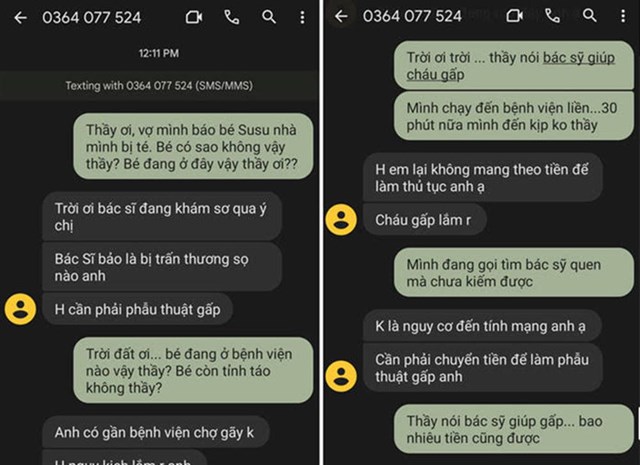 Một số tin nhắn th&ocirc;ng b&aacute;o "Con đang cấp cứu" để lừa đảo chuyển tiền, chiếm đoạt t&agrave;i sản.
