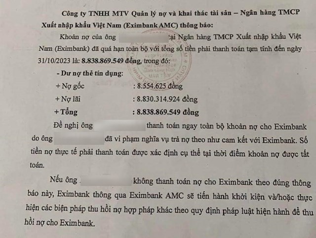 C&ocirc;ng văn nhắc nợ Eximbank AMC gửi đến kh&aacute;ch h&agrave;ng g&acirc;y x&ocirc;n xao tr&ecirc;n mạng x&atilde; hội