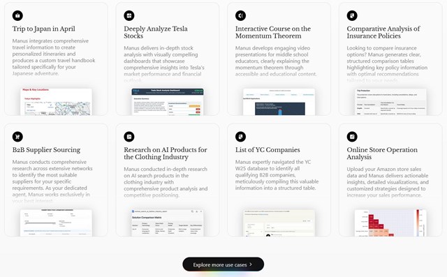 Nhiều trường hợp ứng dụng Manus AI trong thực tế được hiển thị tr&ecirc;n website của startup n&agrave;y
