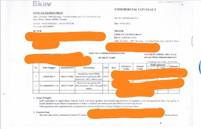 Hợp đồng thương mại được CEO BKAV Nguyễn Tử Quảng đăng tải
