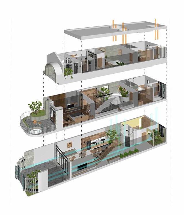 Phối cảnh kh&ocirc;ng gian 3 tầng nh&agrave;.