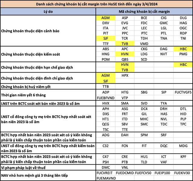 C&aacute;c m&atilde; m&agrave;u v&agrave;ng l&agrave; c&aacute;c m&atilde; cổ phiếu bị cắt margin v&igrave; nhiều hơn 1 l&yacute; do