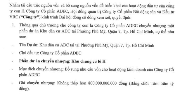 Bất động sản v&#224; Đầu tư VRC chuyển nhượng một phần dự &#225;n khu d&#226;n cư ADC gi&#225; kh&#244;ng thấp hơn 800 tỷ đồng; thay đổi ng&#224;nh nghề kinh doanh - Ảnh 2