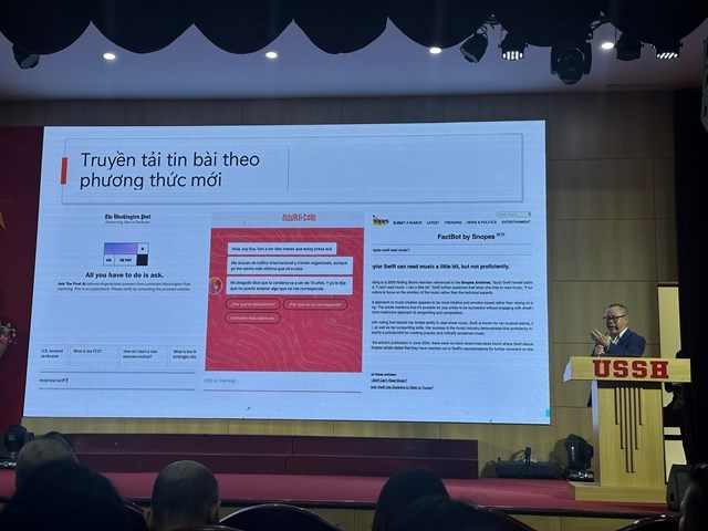 Một slide tr&igrave;nh b&agrave;y của GS.TS Nguyễn Đức An chỉ ra những giới hạn của tr&iacute; tuệ nh&acirc;n tạo trong hoạt động b&aacute;o ch&iacute; như: thiếu tư duy bối cảnh, thiếu tr&iacute; tuệ cảm x&uacute;c, kh&ocirc;ng c&oacute; kh&aacute;i niệm đạo đức khi quyết định tin b&agrave;i.