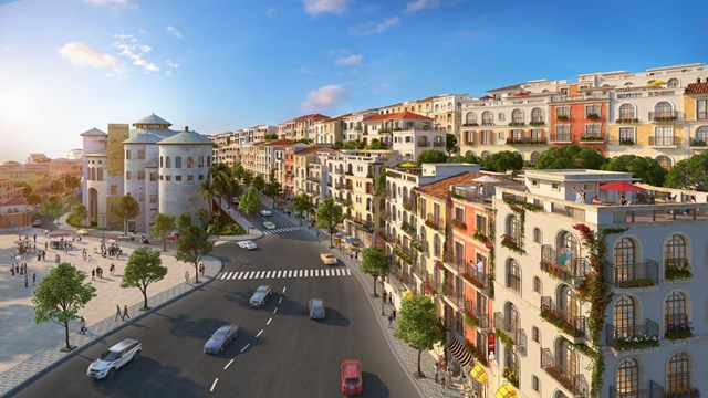 Nhịp sống sầm uất của những d&atilde;y shophouse The Center kinh doanh đủ loại dịch vụ đ&oacute;n d&ograve;ng kh&aacute;ch đổ về Nam đảo.