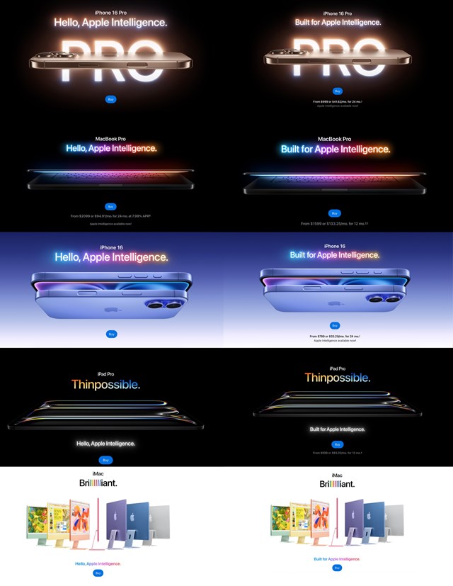 Loạt h&igrave;nh ảnh quảng c&aacute;o sản phẩm của Apple với c&acirc;u slogan cũ (tr&aacute;i) v&agrave; mới (phải)