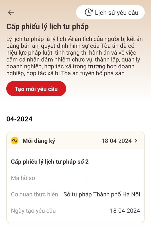 H&igrave;nh ảnh&nbsp;đăng k&yacute; cấp phiếu LLTP&nbsp;tr&ecirc;n ứng dụng VNeID th&agrave;nh c&ocirc;ng. &nbsp;