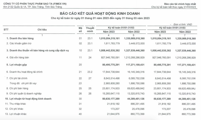 Kết quả kinh doanh qu&yacute; I/2023 của Sao Ta