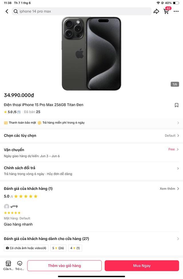 iPhone 15 Promax đang được b&aacute;n tr&ecirc;n TikTokShop. Ảnh chụp m&agrave;n h&igrave;nh &nbsp;