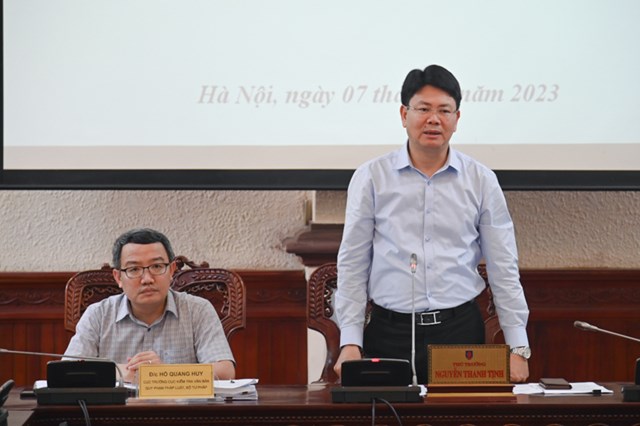 Thứ trưởng Bộ Tư ph&aacute;p, Tổ ph&oacute; thường trực Tổ C&ocirc;ng t&aacute;c Nguyễn Thanh Tịnh ph&aacute;t biểu chỉ đạo cuộc họp.