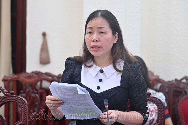 Ph&oacute; Cục trưởng Cục Bổ trợ Tư ph&aacute;p Đặng Kim Hoa b&aacute;o c&aacute;o tại phi&ecirc;n họp.