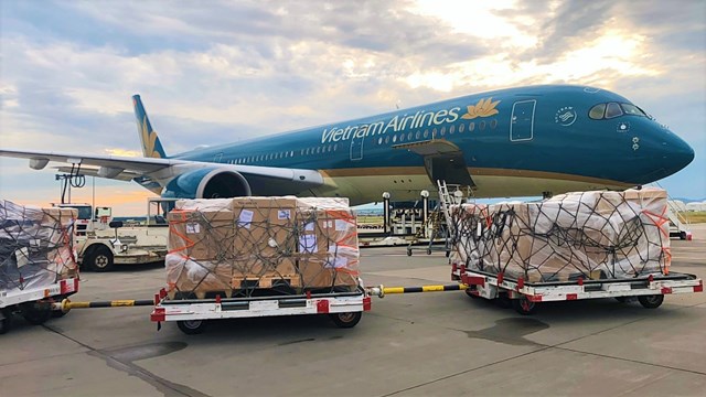 &nbsp;M&aacute;y bay Vietnam Airlines tiếp nhận l&ocirc; h&agrave;ng tại s&acirc;n bay Frankfurt.