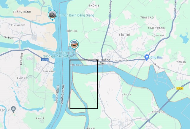 Khoanh v&ugrave;ng khu vực nơi c&oacute; 3 b&atilde;i cọc Bạch Đằng. Nguồn ảnh: Google Maps. &nbsp;