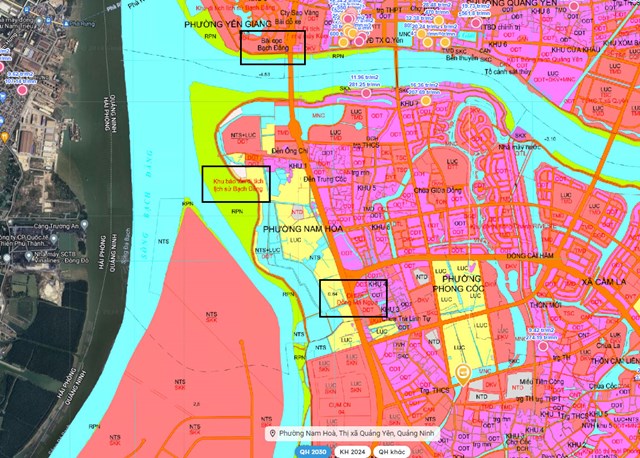Đ&aacute;nh dấu vị tr&iacute; 3 b&atilde;i cọc Bạch Đằng dựa theo bản đồ quy hoạch thị x&atilde; Quảng Y&ecirc;n. Nguồn ảnh: Guland &nbsp;