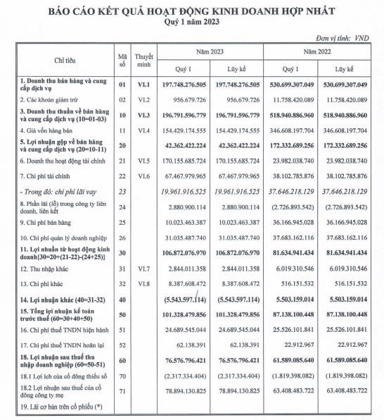 Kết quả kinh doanh qu&yacute; I/2023 của DIC