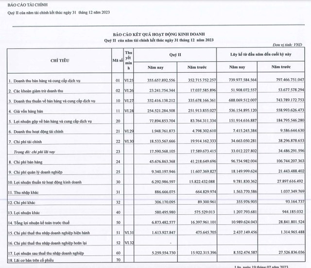 Kết quả kinh doanh qu&yacute; II/2023 của HNF