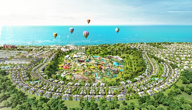 C&aacute;c biệt thự tại ph&acirc;n khu Waikiki hướng trực di&ecirc;̣n c&ocirc;ng vi&ecirc;n chủ đề Ocean Kingdom 25 ha, Bikini Beach 16 ha và Vịnh Phan Thi&ecirc;́t tuy&ecirc;̣t đẹp. Ảnh ph&ocirc;́i cảnh: Novaland &nbsp;