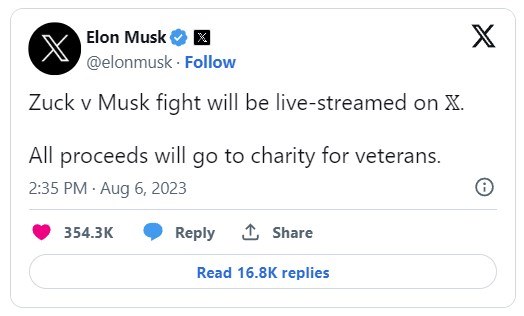 Elon Musk chia sẻ tr&ecirc;n trang c&aacute; nh&acirc;n về việc ph&aacute;t s&oacute;ng trực tiếp trận đấu với Mark Zuckerberg.