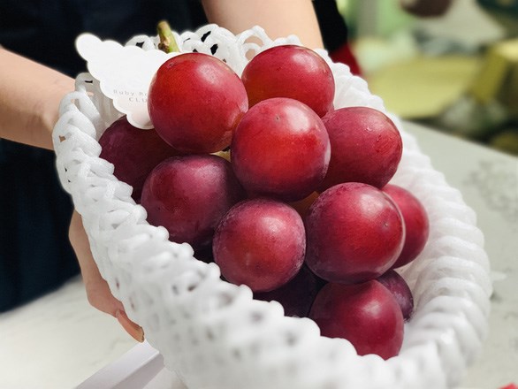 Cận cảnh c&aacute;c tr&aacute;i nho Ruby Roman, gi&aacute; mỗi tr&aacute;i gần 500.000 đồng