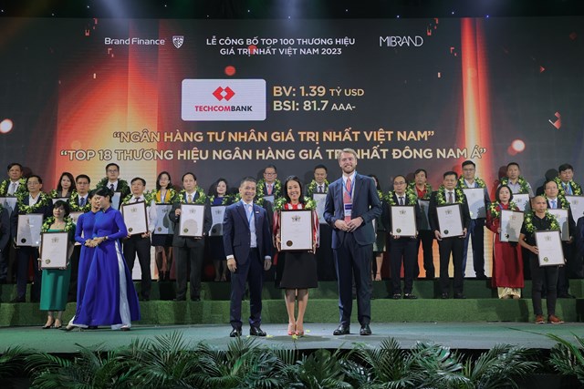 Gi&aacute;m đốc Khối Tiếp thị, Ng&acirc;n h&agrave;ng Techcombank Th&aacute;i Minh Diễm T&uacute; tại lễ c&ocirc;ng bố top 100 thương hiệu gi&aacute; trị nhất Việt Nam. Ảnh:&nbsp;Techcombank