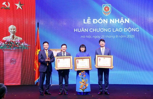 Ph&oacute; Thủ tướng L&ecirc; Th&agrave;nh Long trao Hu&acirc;n chương Lao động hạng Ba cho c&aacute;c Thứ trưởng Bộ Tư ph&aacute;p: Nguyễn Thanh Tịnh, Đặng Ho&agrave;ng Oanh, Mai Lương Kh&ocirc;i. Ảnh Phạm Ki&ecirc;n