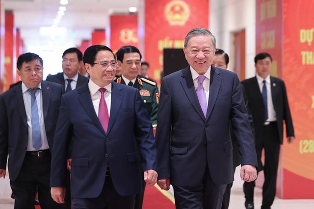Tổng B&iacute; thư T&ocirc; L&acirc;m, Thủ tướng Phạm Minh Ch&iacute;nh v&agrave; c&aacute;c đại biểu dự Lễ kỷ niệm 80 năm th&agrave;nh lập Ch&iacute;nh phủ nước Cộng h&ograve;a x&atilde; hội chủ nghĩa Việt Nam ng&agrave;y 20/8/2025- Ảnh VGP/Nhật Bắc