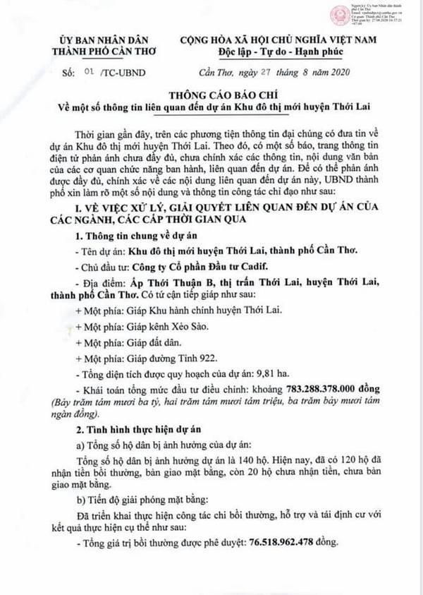 Th&ocirc;ng c&aacute;o b&aacute;o ch&iacute; của UBND TP Cần Thơ gửi cho c&aacute;c cơ quan b&aacute;o ch&iacute;