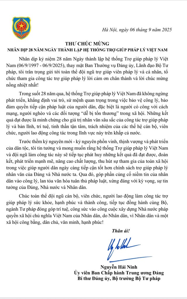 Thư ch&#250;c mừng của Bộ trưởng Bộ Tư ph&#225;p Nguyễn Hải Ninh nh&#226;n dịp 28 năm Ng&#224;y th&#224;nh lập hệ thống Trợ gi&#250;p ph&#225;p l&#253; - Ảnh 1