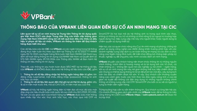 Th&#244;ng b&#225;o của VPBank li&#234;n quan đến sự cố an ninh mạng tại CIC - Ảnh 1