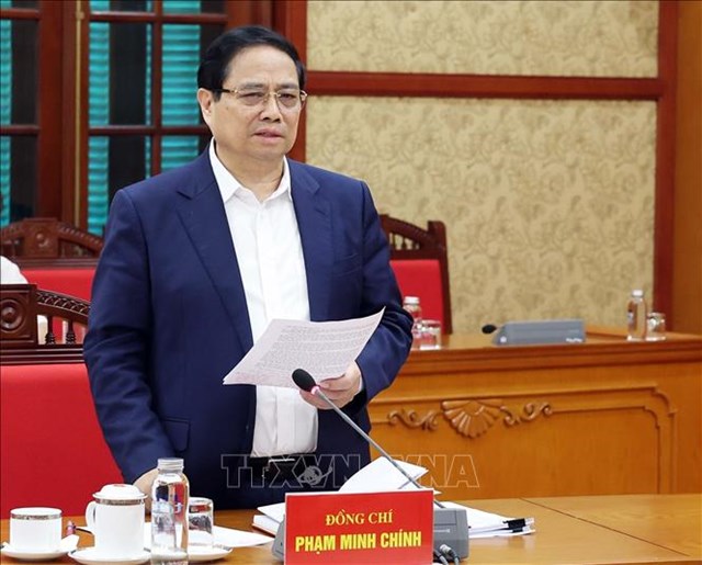 Thủ tướng Phạm Minh Ch&iacute;nh ph&aacute;t biểu tại buổi l&agrave;m việc - Ảnh: TTXVN