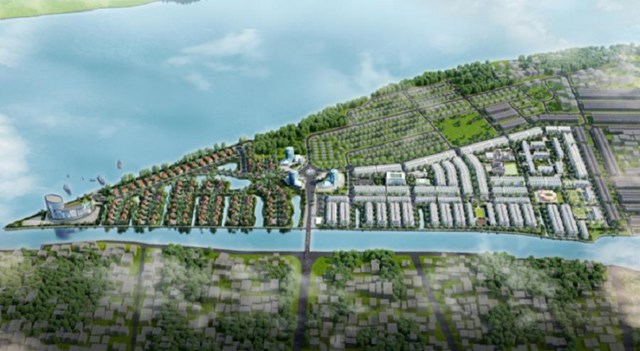 Phối cảnh dự &aacute;n Khu đ&ocirc; thị mới Cồn Khương với hệ thống hồ cảnh quan nối trực tiếp với s&ocirc;ng Khai Luồng c&oacute; c&aacute;c cửa điều tiết nước.