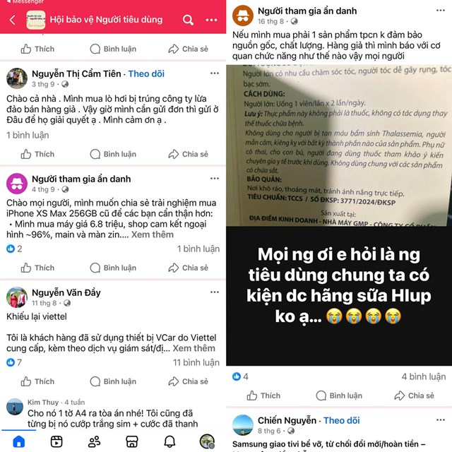 Tr&ecirc;n mạng x&atilde; hội, nhiều người ti&ecirc;u d&ugrave;ng chỉ biết than thở, cảnh b&aacute;o nhau trong c&aacute;c hội nh&oacute;m, họ kh&ocirc;ng biết phải li&ecirc;n hệ với cơ quan n&agrave;o, tr&igrave;nh b&aacute;o ra sao. (Ảnh chụp m&agrave;n h&igrave;nh).