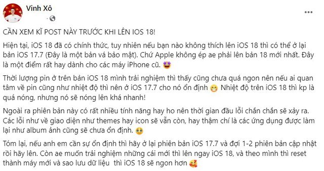 iOS 18 chưa phải l&agrave; phi&ecirc;n bản cập nhật ổn định v&agrave; người d&ugrave;ng c&oacute; thể lựa chọn cập nhật hoặc dừng lại ở iOS 17.7 &nbsp;