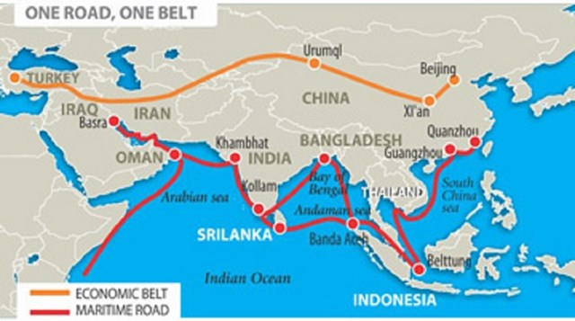 Bản đồ &ldquo;Con đường tơ lụa tr&ecirc;n biển&rdquo; (m&agrave;u xanh) với điểm bắt đầu l&agrave; cảng biển Quanzhou &ndash; Tuyền Ch&acirc;u (Trung Quốc)
