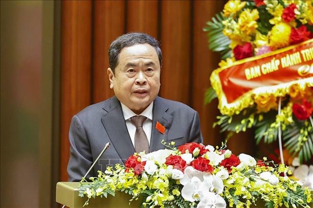 Đồng ch&iacute; Trần Thanh Mẫn, Ủy vi&ecirc;n Bộ Ch&iacute;nh trị, B&iacute; thư Đảng ủy Quốc hội, Chủ tịch Quốc hội đọc Diễn văn khai mạc Đại hội. Ảnh: Do&atilde;n Tấn/ TTXVN