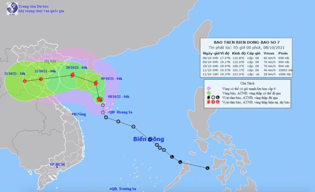 Dự b&aacute;o đường đi của b&atilde;o số 7 trong những giờ tới. Ảnh: Trung t&acirc;m dự b&aacute;o Kh&iacute; tượng thủy văn quốc gia.