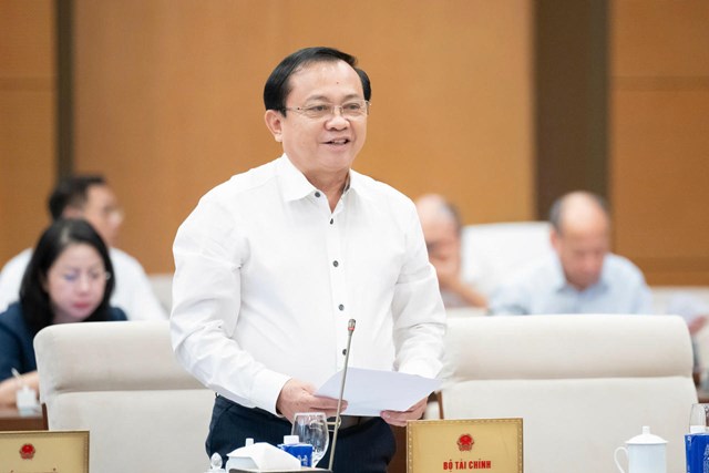 Thứ trưởng Bộ Tài chính Lê Tấn Cận trình bày tờ trình tại phiên họp.