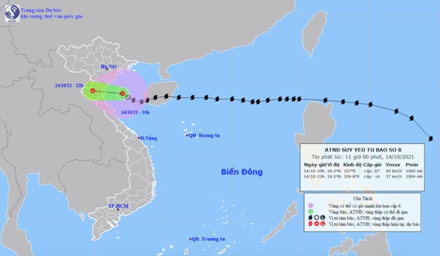 B&atilde;o số 8 suy yếu th&agrave;nh &aacute;p thấp nhiệt đới, đổ bộ v&agrave;o khu vực&nbsp;Thanh H&oacute;a đến Quảng B&igrave;nh. Ảnh:&nbsp;Trung t&acirc;m Dự b&aacute;o kh&iacute; tượng thủy văn quốc gia