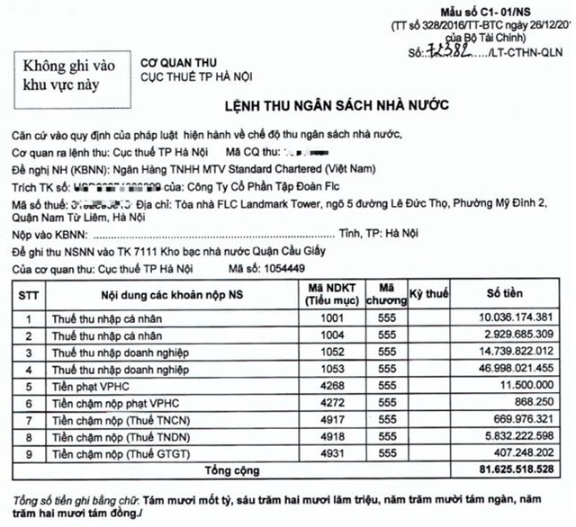 Th&ocirc;ng b&aacute;o của Cục Thuế H&agrave; Nội về khoản nợ thuế của tập đo&agrave;n FLC.