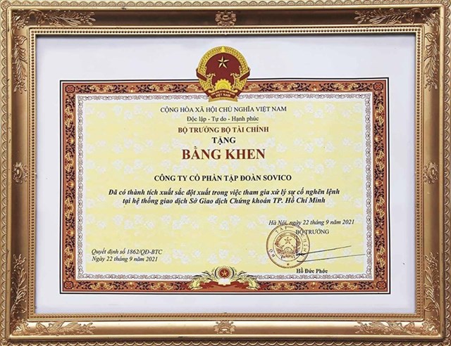 Bằng khen của Bộ T&agrave;i ch&iacute;nh cho Tập đo&agrave;n Sovico. Nguồn: Internet
