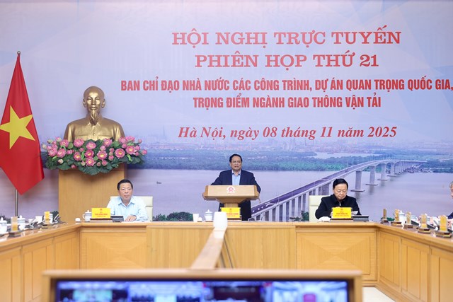 Thủ tướng Chính phủ Phạm Minh Chính, Trưởng Ban Chỉ đạo Nhà nước các công trình, dự án quan trọng quốc gia, trọng điểm ngành giao thông vận tải chủ trì phiên họp thứ 21 của Ban Chỉ đạo - Ảnh: VGP/NB