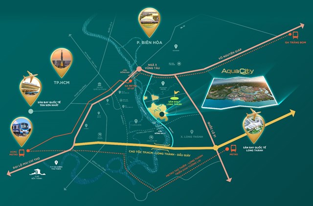 Vị tr&iacute; kết nối của Aqua City với trung t&acirc;m TP.HCM v&agrave; s&acirc;n bay quốc tế Long Th&agrave;nh.