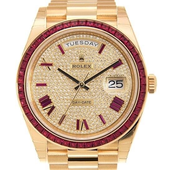 Day-Date 40 Diamond Pave with Red Sapphire Bezel.