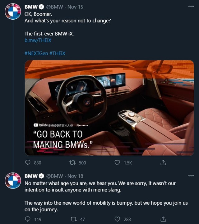 BMW l&ecirc;n tiếng xin lỗi v&igrave; th&ocirc;ng điệp "Ok, Boomer." tr&ecirc;n mạng x&atilde; hội Twitter.