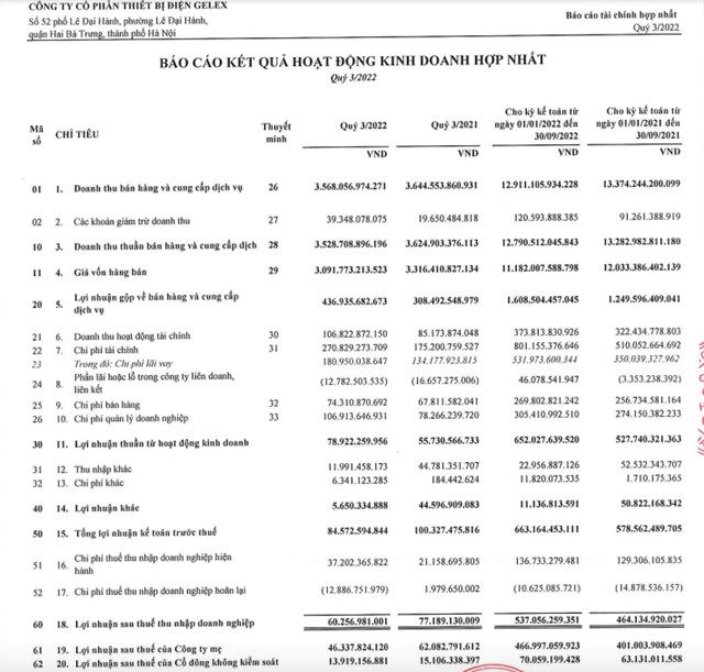 B&aacute;o c&aacute;o t&agrave;i ch&iacute;nh hợp nhất qu&yacute; III/2022 của GEE.