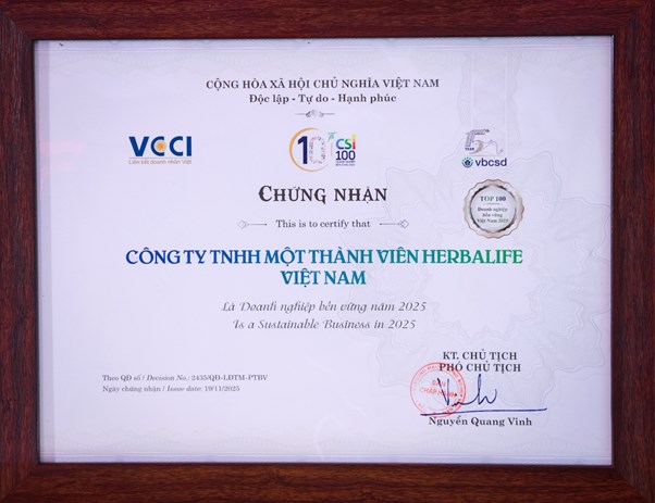 Herbalife Việt Nam được Li&#234;n đo&#224;n Thương mại v&#224; C&#244;ng nghiệp Việt Nam vinh danh Top 100 Doanh Nghiệp Bền Vững Việt Nam 2025 - Ảnh 1
